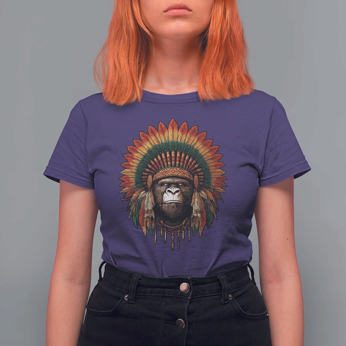 Bigfoot Native American Chief Sasquatch Wearing Headdress T Shirt For Women - Wonder Print Shop