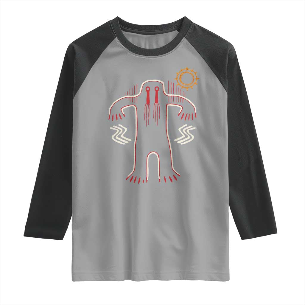 Native American Bigfoot Sasquatch Petroglyph Cave Art Raglan Shirt - Wonder Print Shop
