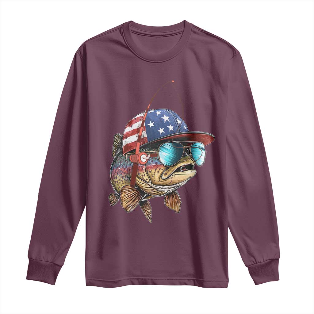 Funny Patriot American Flag Bass Fish Fishing Long Sleeve Shirt - Wonder Print Shop