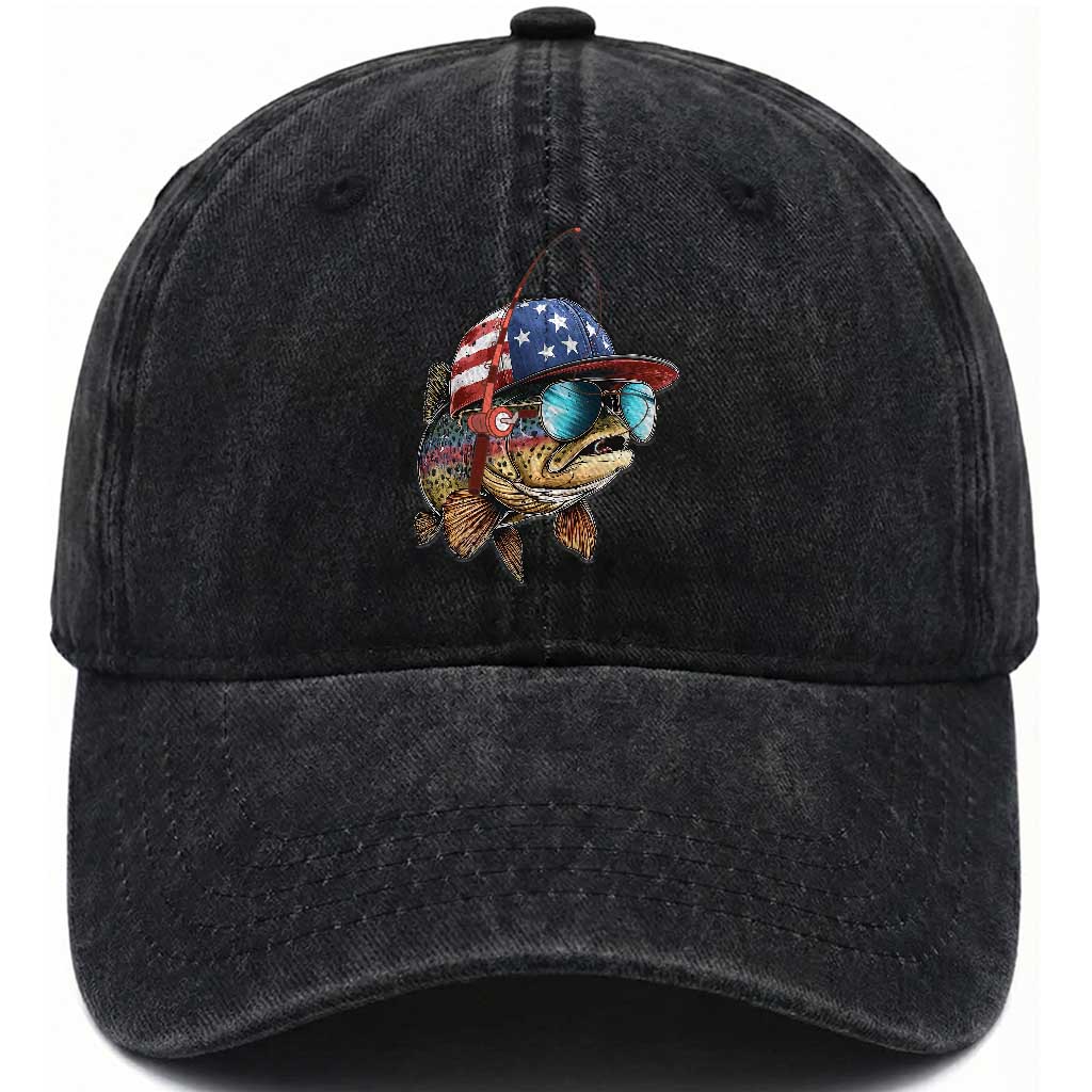 Funny Patriot American Flag Bass Fish Fishing Washed Cotton Baseball Cap