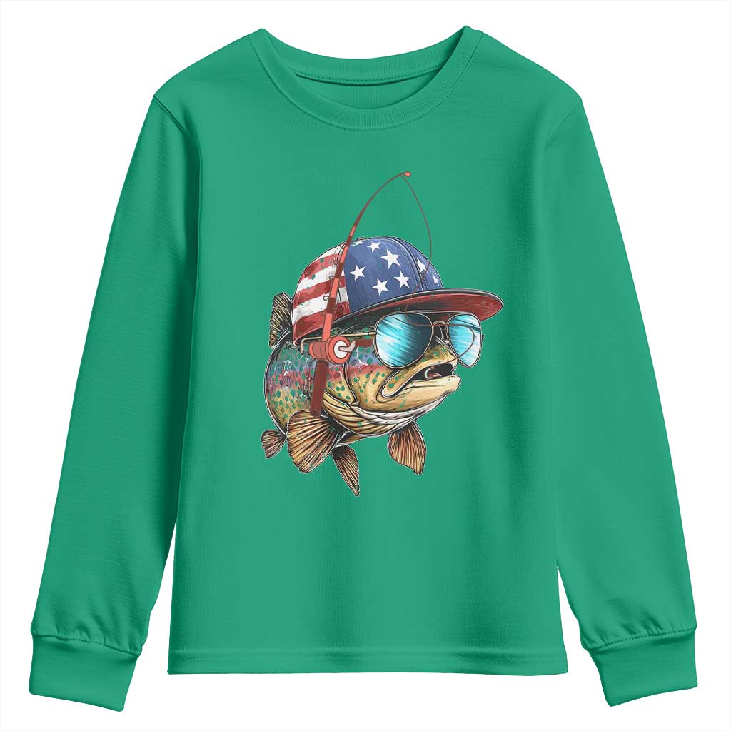 Funny Patriot American Flag Bass Fish Fishing Youth Sweatshirt - Wonder Print Shop
