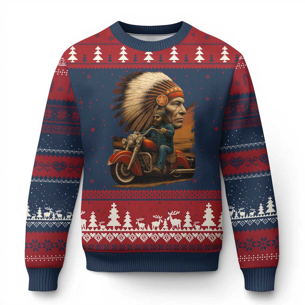 Indian American Rider Ugly Christmas Sweater Vintage Native American Motorcycle - Wonder Print Shop