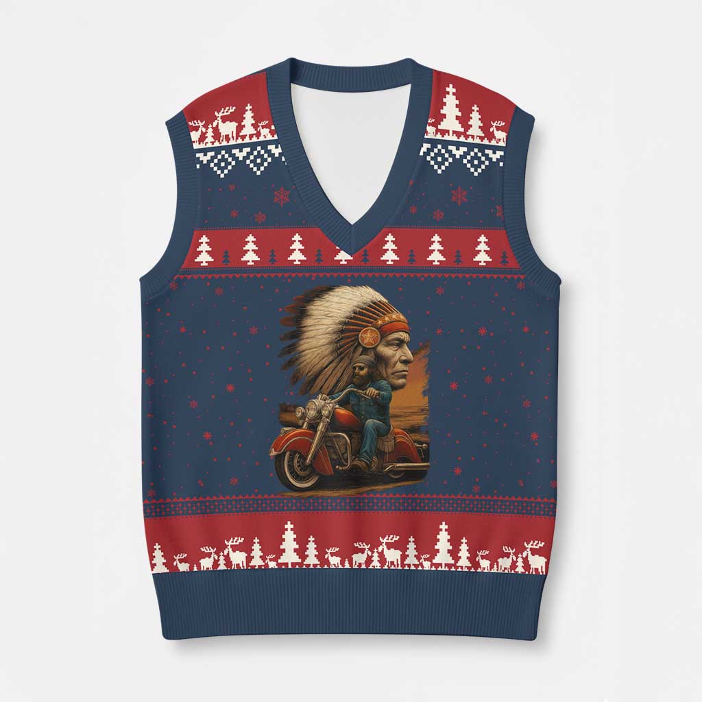 Indian American Rider V-Neck Knit Sweater Vest Vintage Native American Motorcycle - Wonder Print Shop