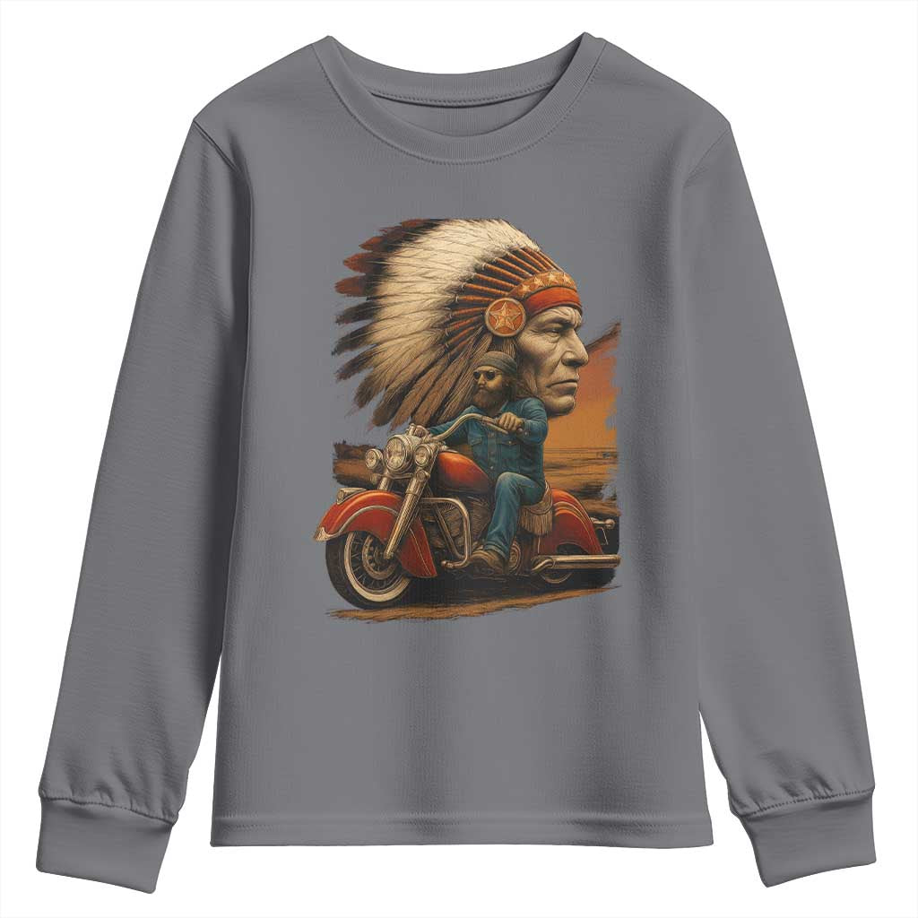 Indian American Rider Youth Sweatshirt Vintage Native American Motorcycle - Wonder Print Shop