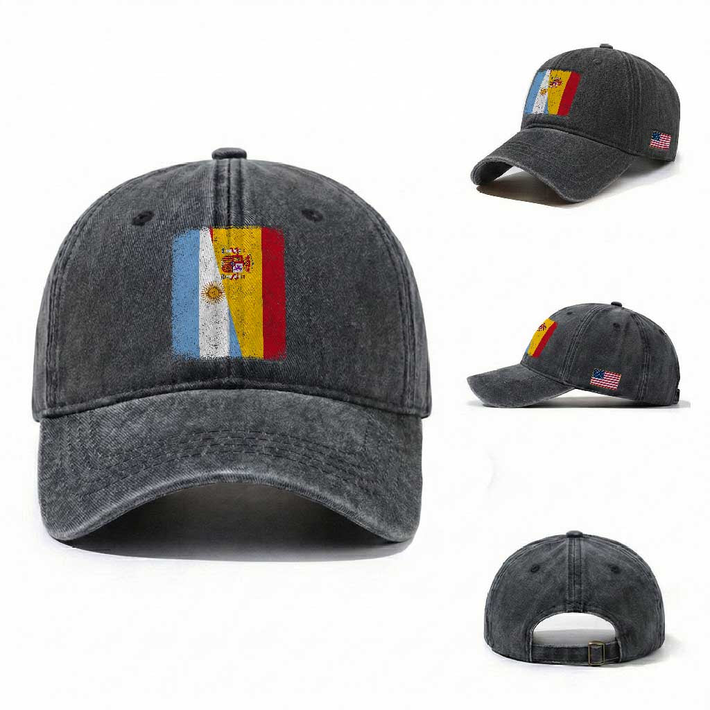 Spain Argentina Half Flag Spanish Argentinian Roots Washed Cotton Baseball Cap