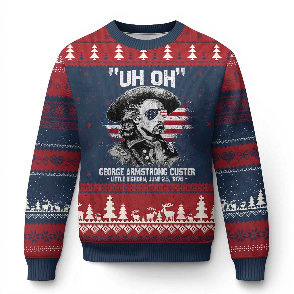 Uh Oh George Armstrong Custer Little Bighorn Ugly Christmas Sweater Vintage American Flag June 25 1876