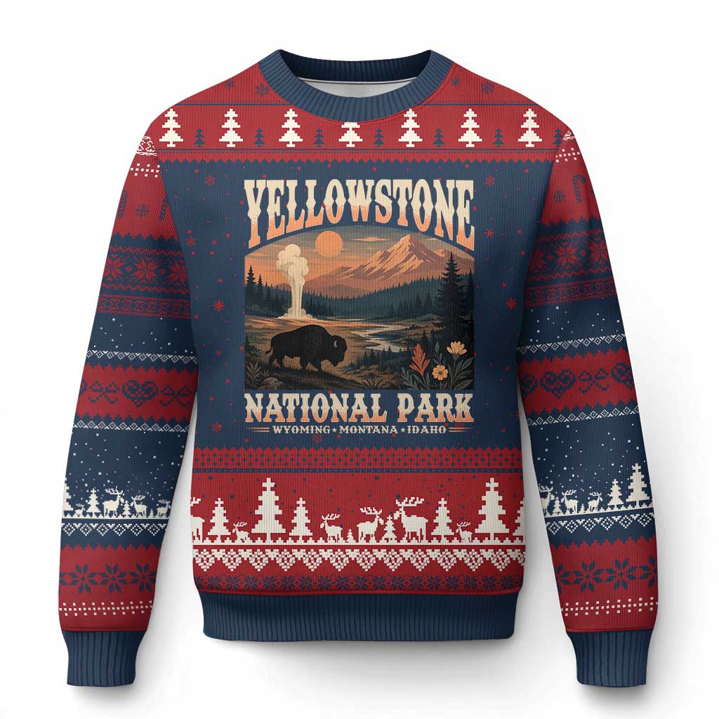 Yellowstone National Park Wyoming Montana Idaho Ugly Christmas Sweater Vintage Bison Geyser