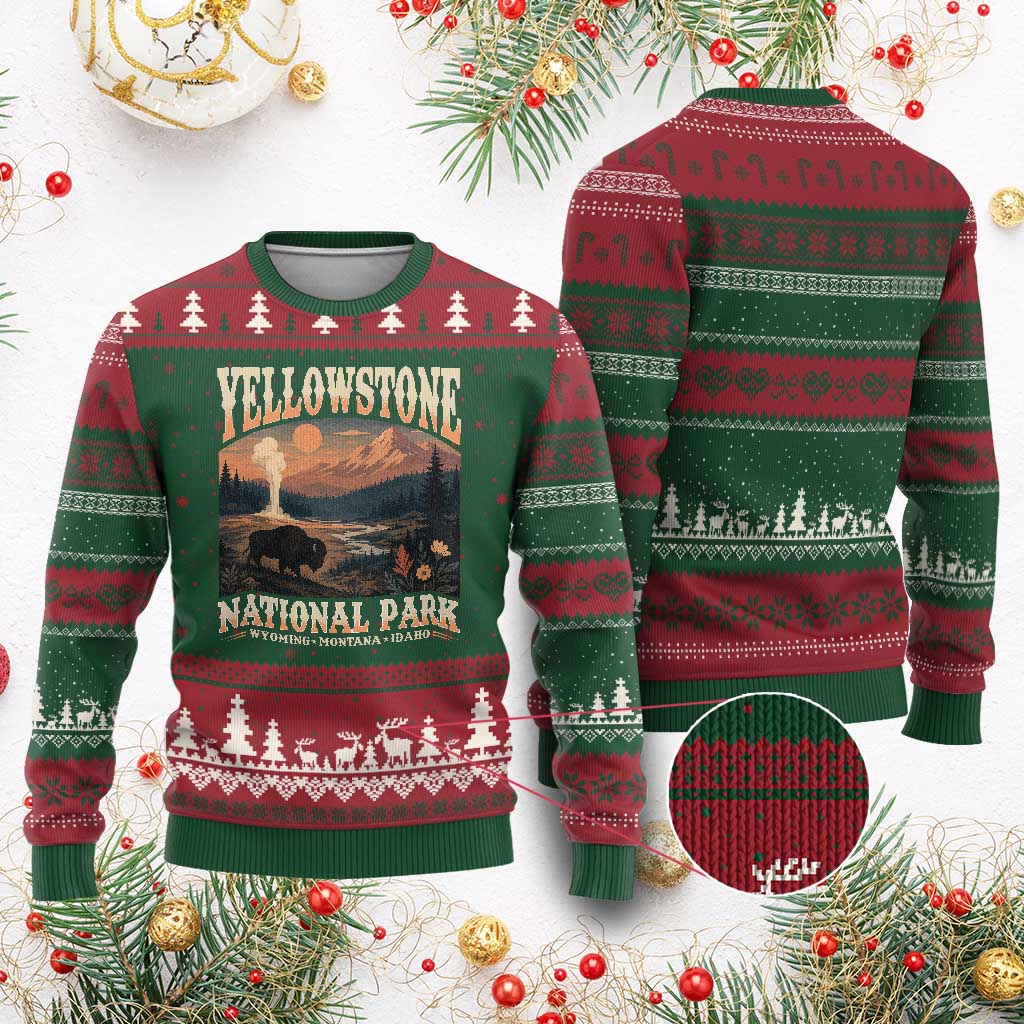 Yellowstone National Park Wyoming Montana Idaho Ugly Christmas Sweater Vintage Bison Geyser