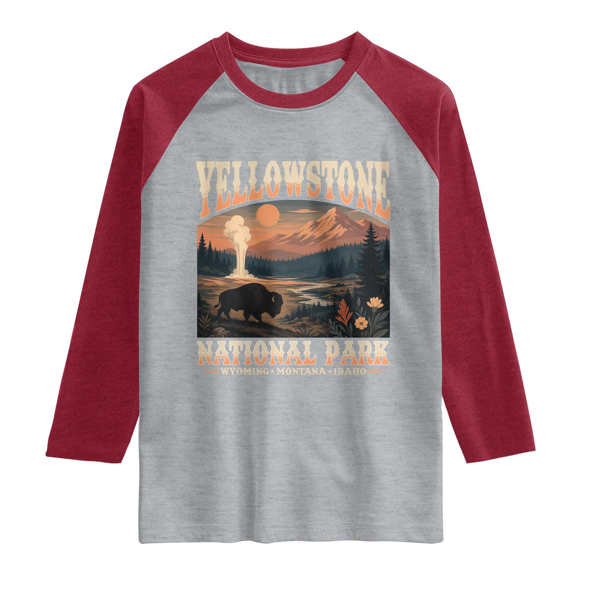 Yellowstone National Park Wyoming Montana Idaho Raglan Shirt Vintage Bison Geyser