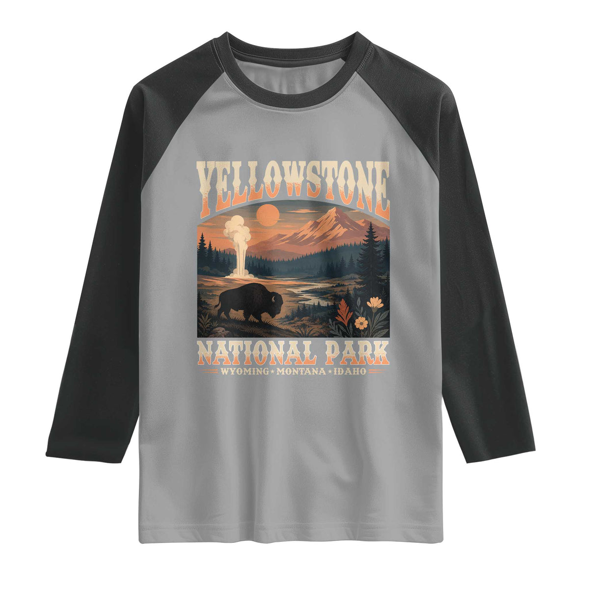 Yellowstone National Park Wyoming Montana Idaho Raglan Shirt Vintage Bison Geyser