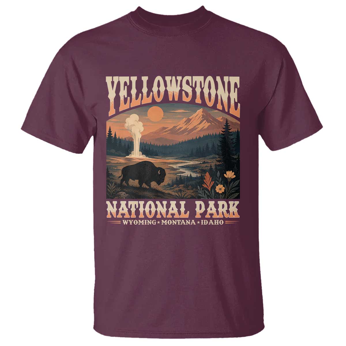 Yellowstone National Park Wyoming Montana Idaho T Shirt Vintage Bison Geyser
