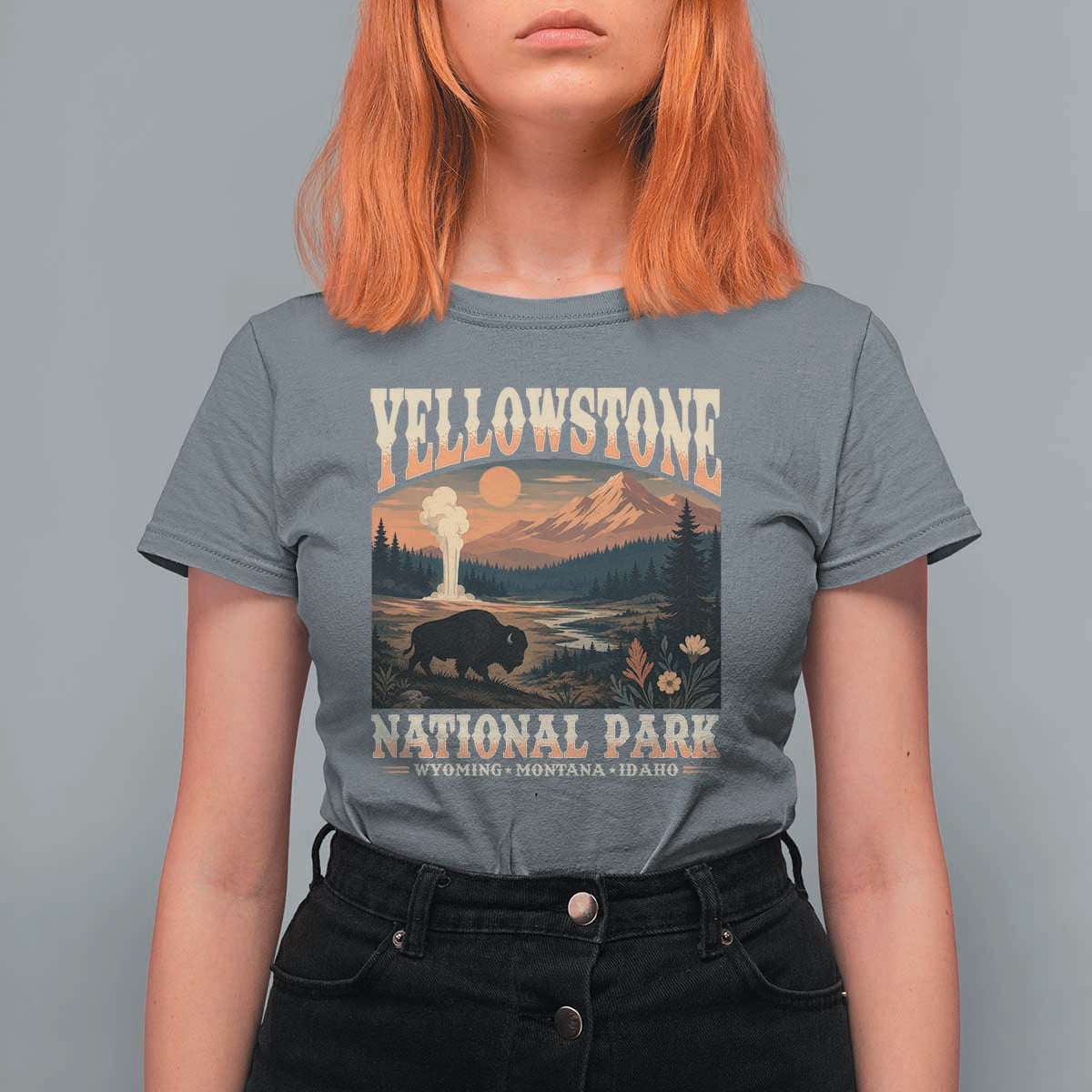 Yellowstone National Park Wyoming Montana Idaho T Shirt For Women Vintage Bison Geyser