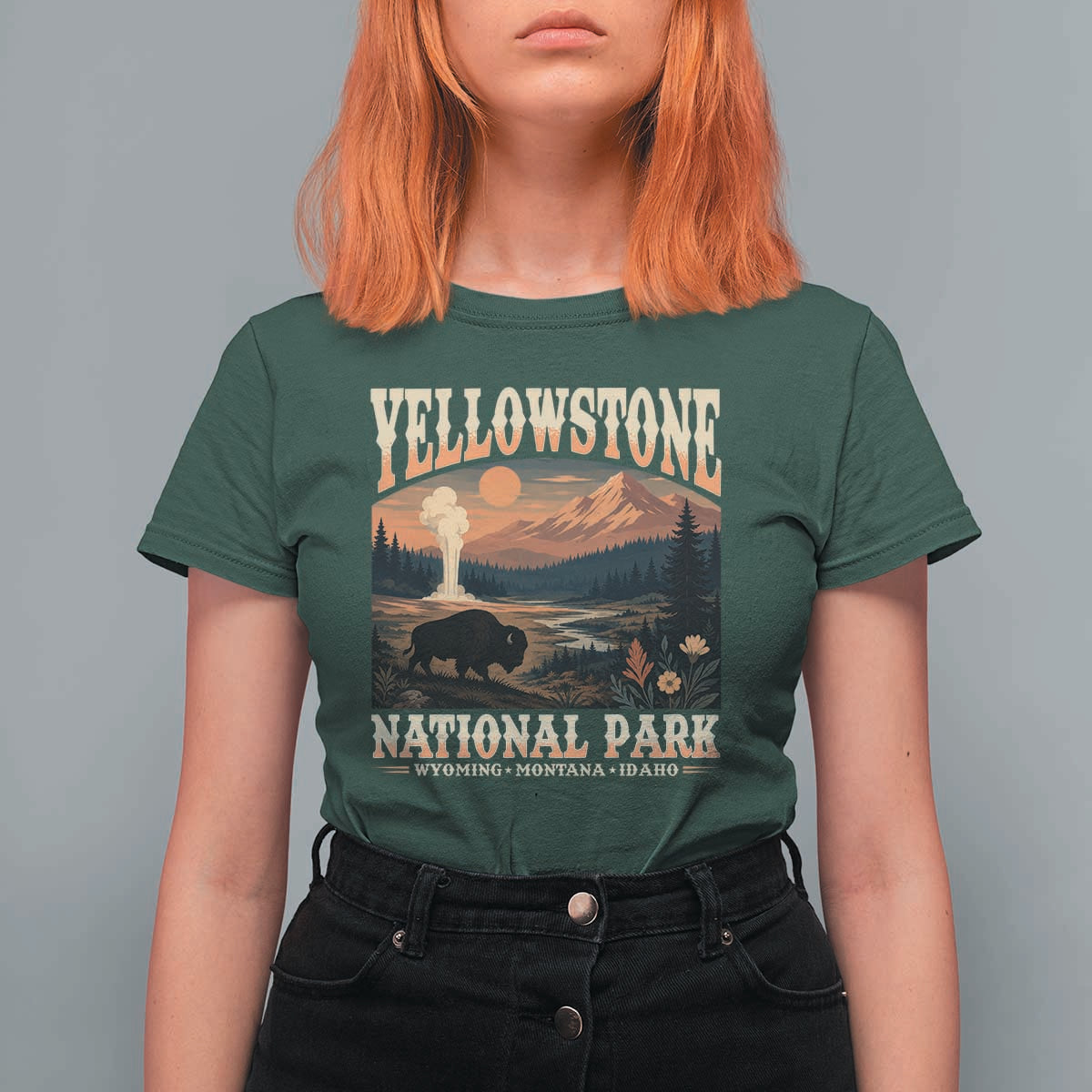 Yellowstone National Park Wyoming Montana Idaho T Shirt For Women Vintage Bison Geyser