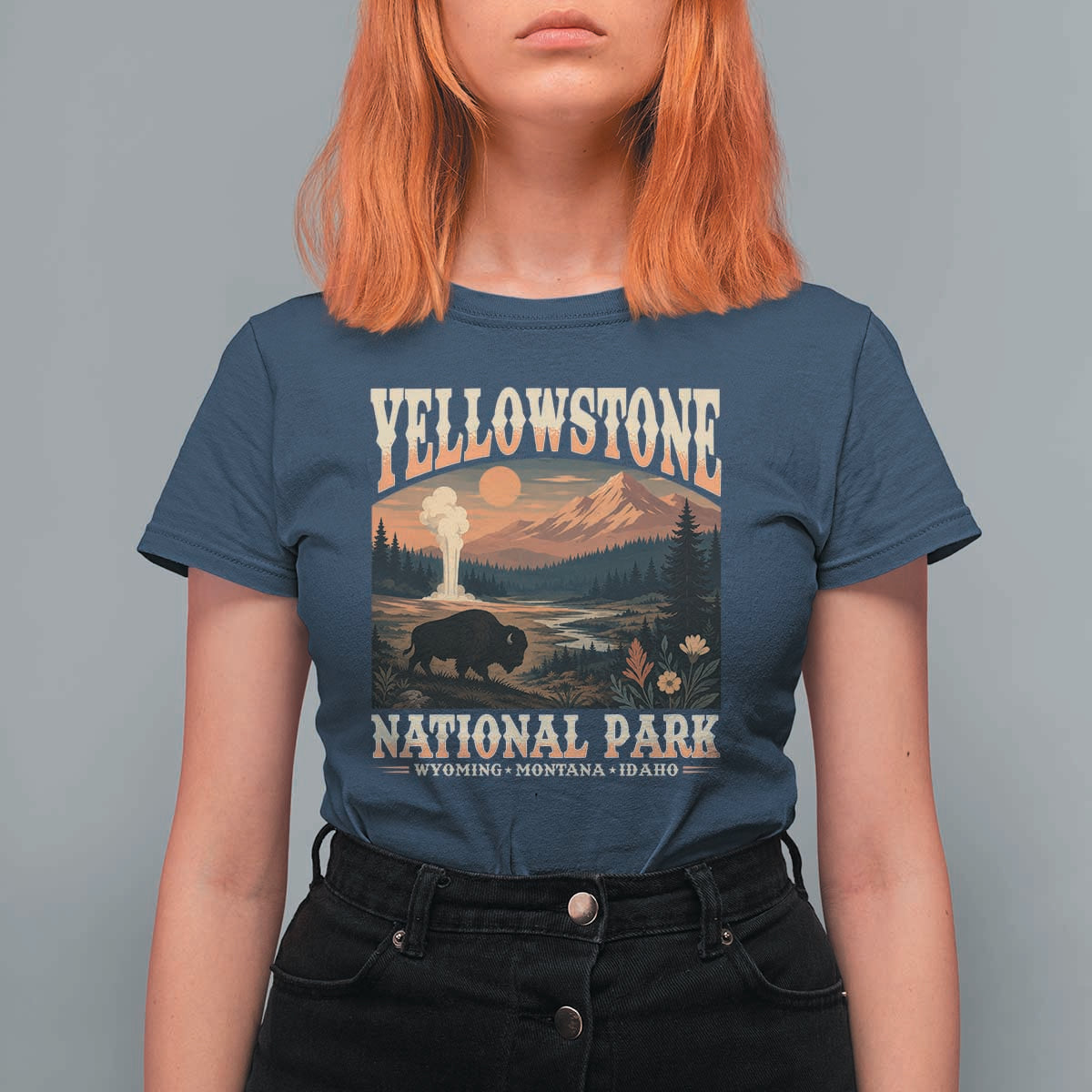 Yellowstone National Park Wyoming Montana Idaho T Shirt For Women Vintage Bison Geyser