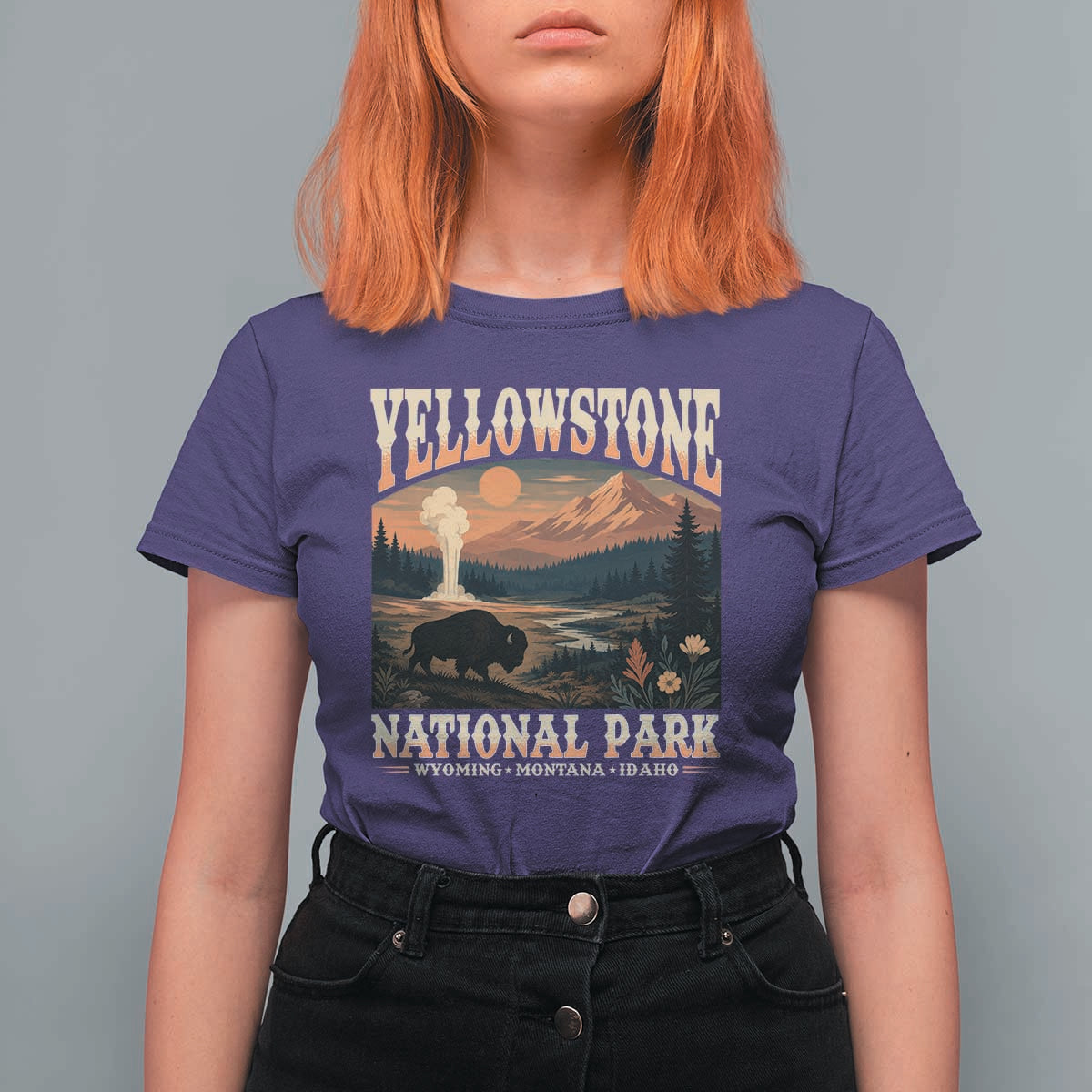 Yellowstone National Park Wyoming Montana Idaho T Shirt For Women Vintage Bison Geyser