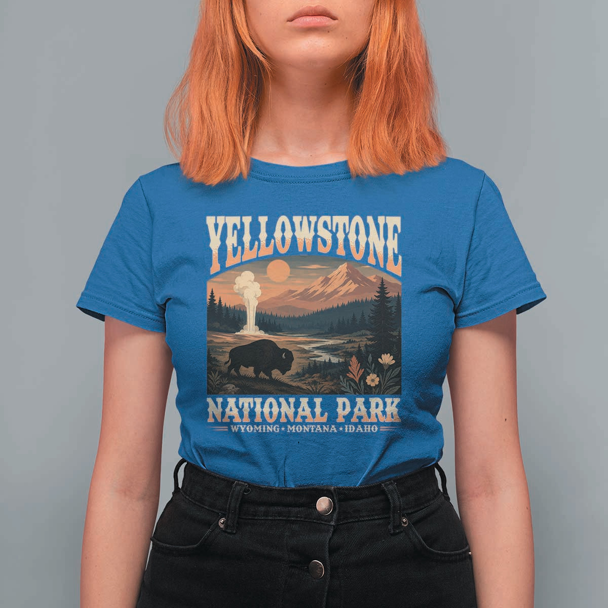 Yellowstone National Park Wyoming Montana Idaho T Shirt For Women Vintage Bison Geyser