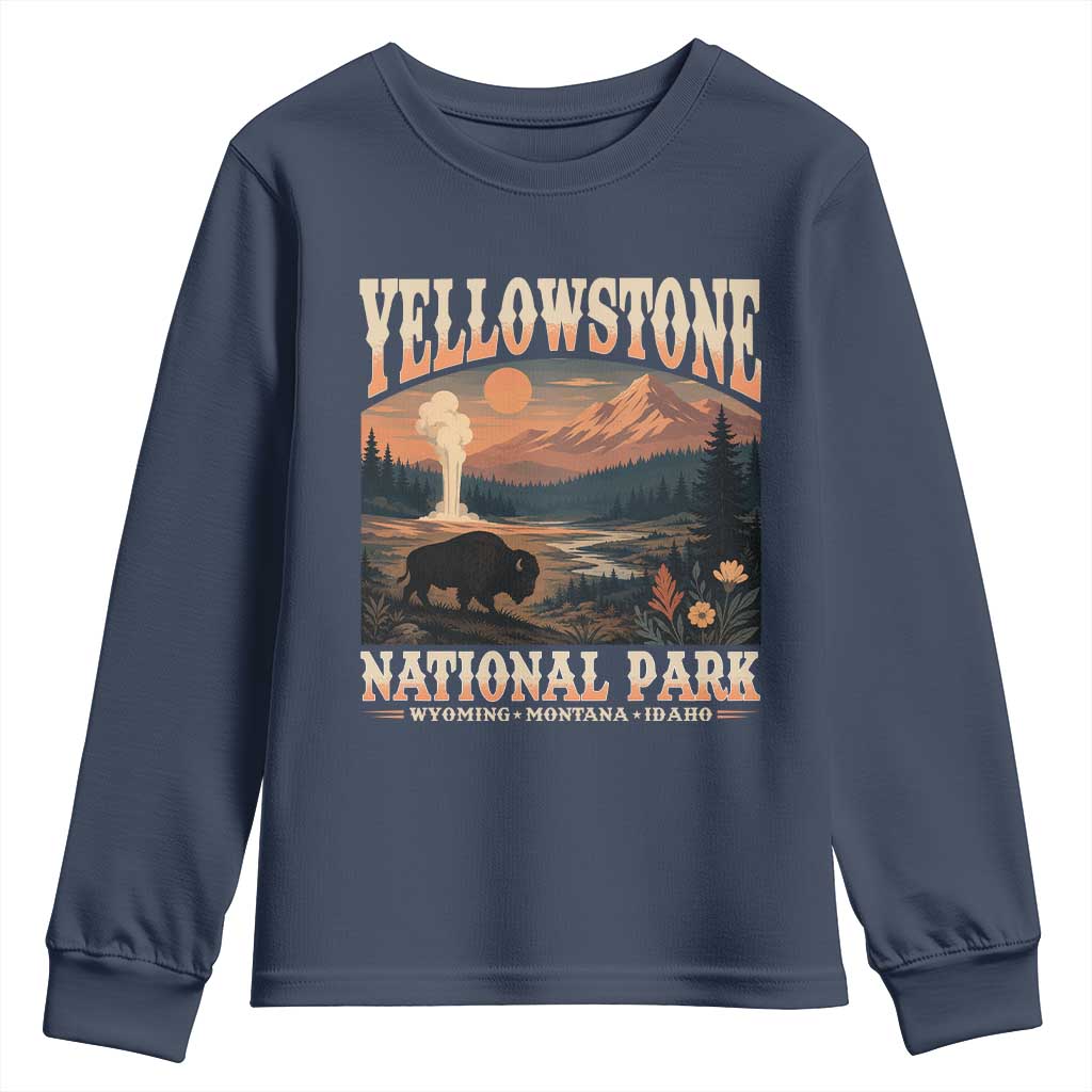 Yellowstone National Park Wyoming Montana Idaho Youth Sweatshirt Vintage Bison Geyser