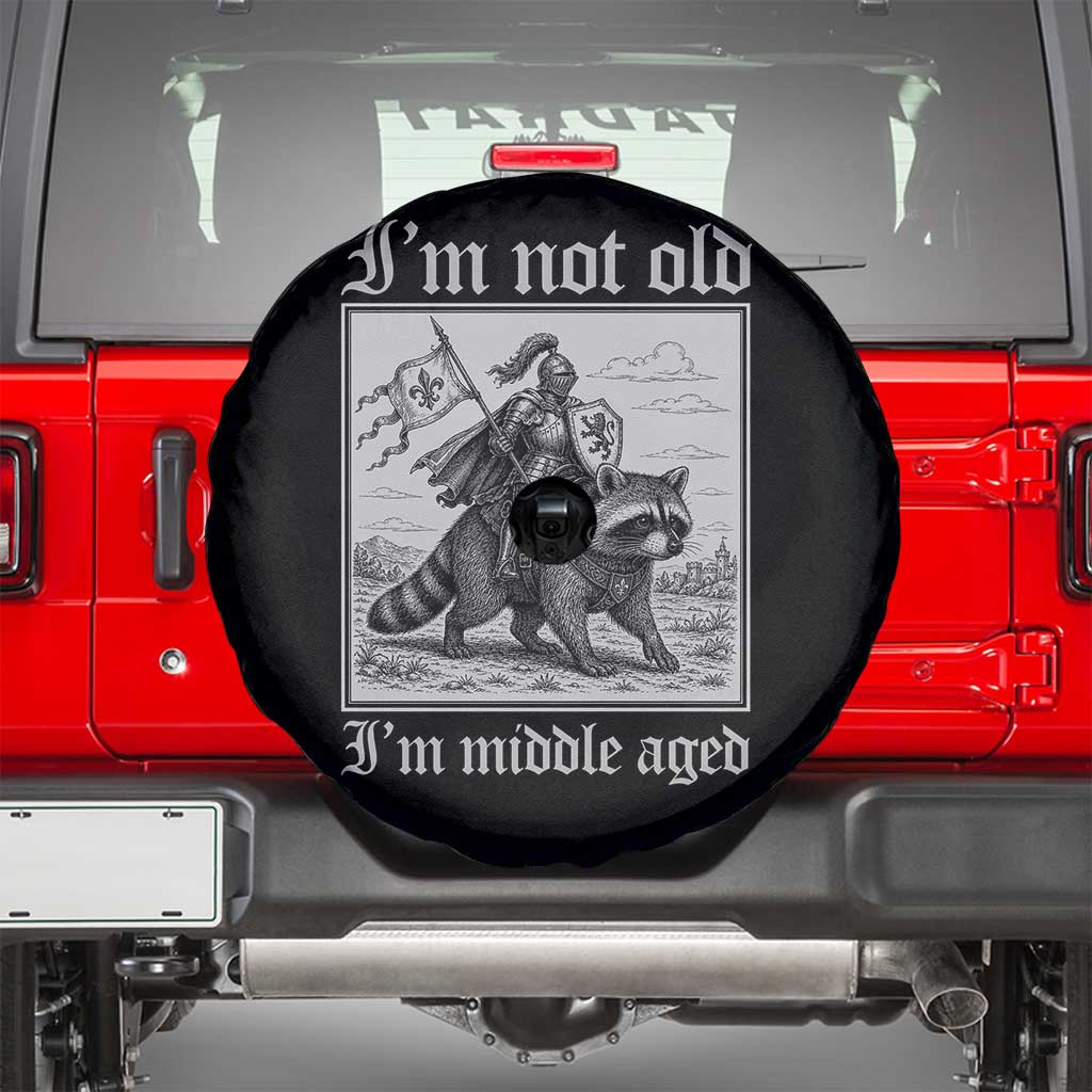 I Am Not Old I Am Middle Aged Spare Tire Cover Medieval Knight Riding Raccoon Funny Ren Faire