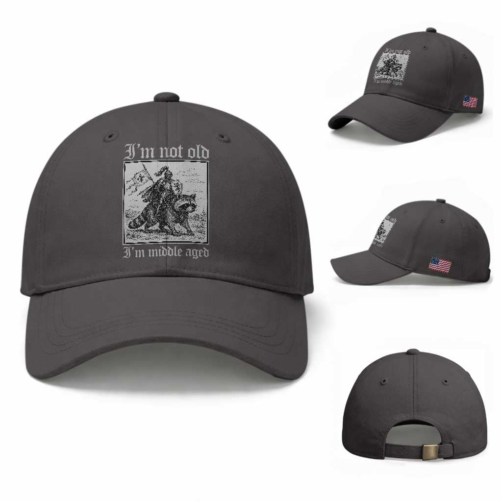 I Am Not Old I Am Middle Aged Baseball Cap Medieval Knight Riding Raccoon Funny Ren Faire