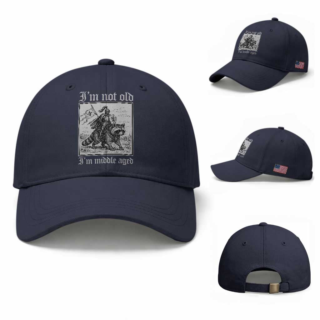 I Am Not Old I Am Middle Aged Baseball Cap Medieval Knight Riding Raccoon Funny Ren Faire