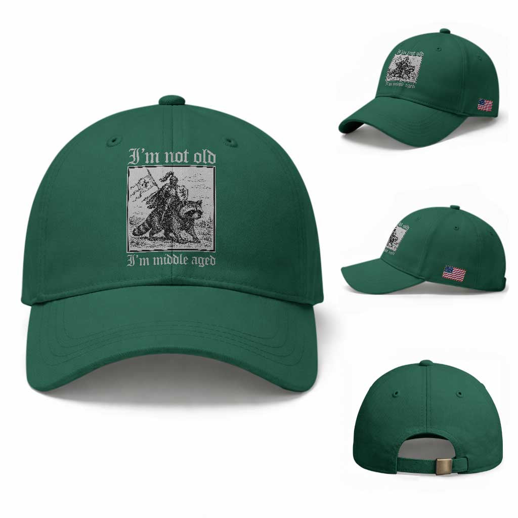 I Am Not Old I Am Middle Aged Baseball Cap Medieval Knight Riding Raccoon Funny Ren Faire