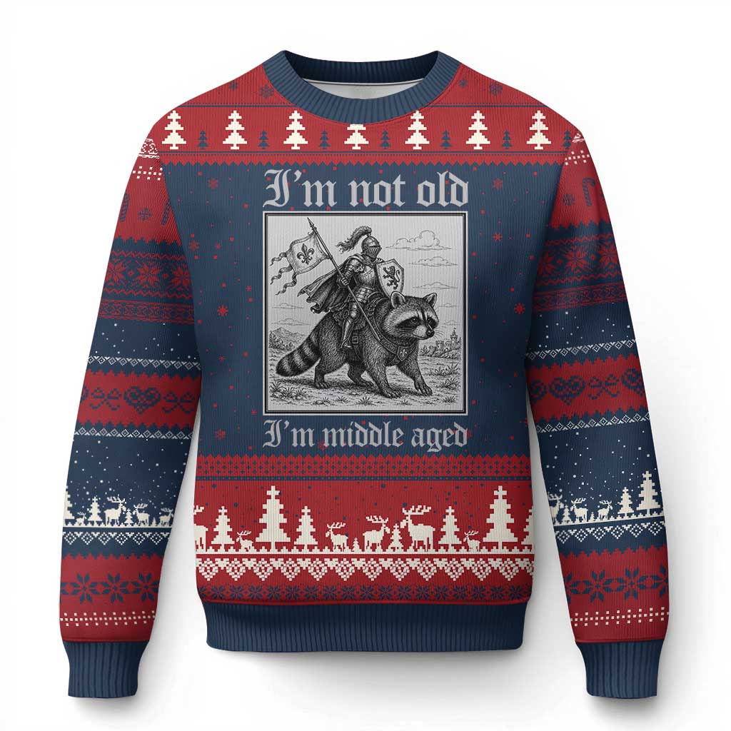 I Am Not Old I Am Middle Aged Ugly Christmas Sweater Medieval Knight Riding Raccoon Funny Ren Faire