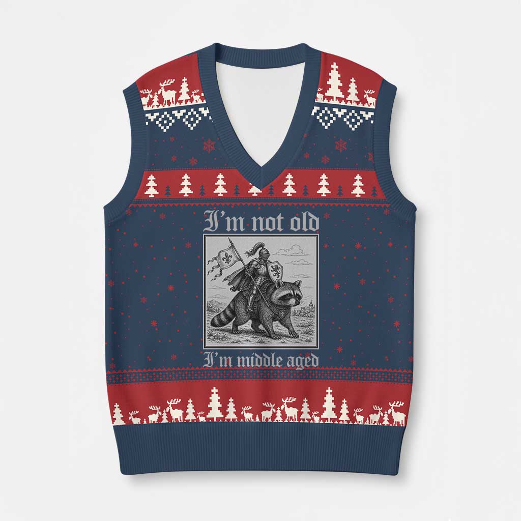 I Am Not Old I Am Middle Aged V-Neck Knit Sweater Vest Medieval Knight Riding Raccoon Funny Ren Faire