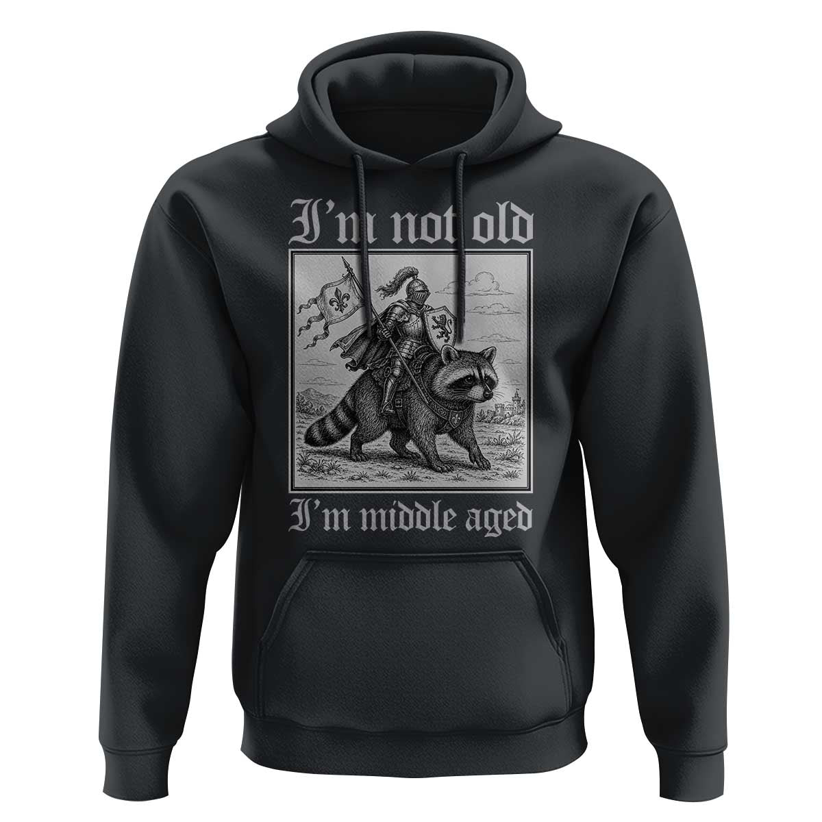 I Am Not Old I Am Middle Aged Hoodie Medieval Knight Riding Raccoon Funny Ren Faire