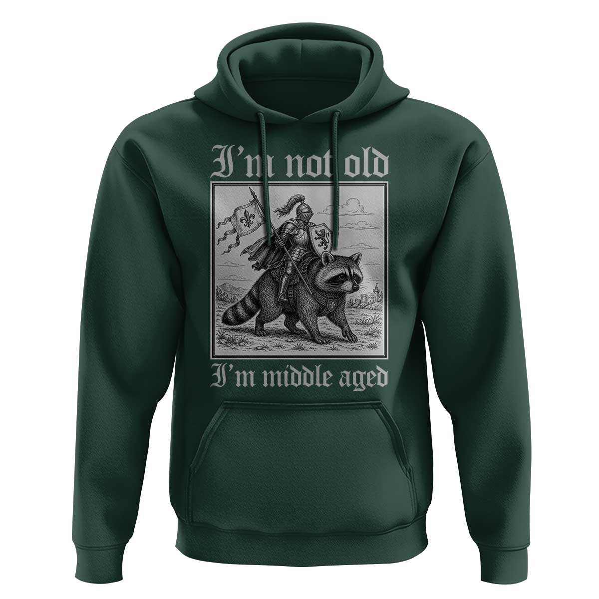 I Am Not Old I Am Middle Aged Hoodie Medieval Knight Riding Raccoon Funny Ren Faire