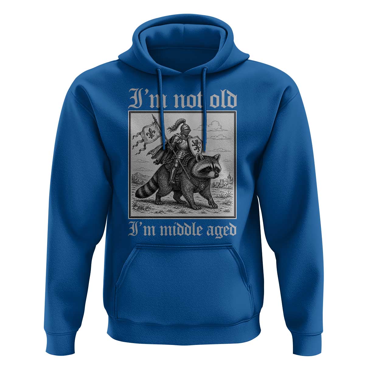 I Am Not Old I Am Middle Aged Hoodie Medieval Knight Riding Raccoon Funny Ren Faire