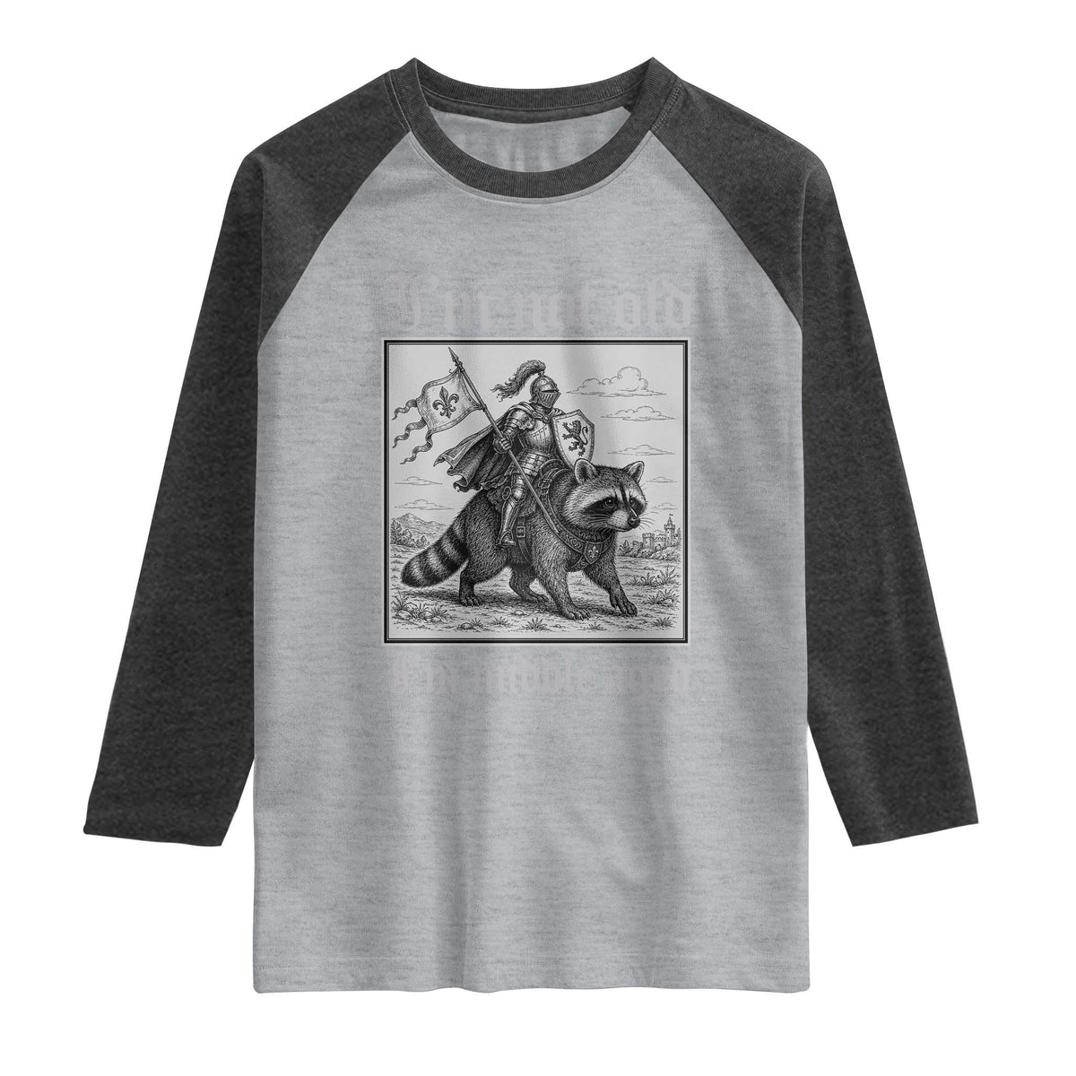 I Am Not Old I Am Middle Aged Raglan Shirt Medieval Knight Riding Raccoon Funny Ren Faire