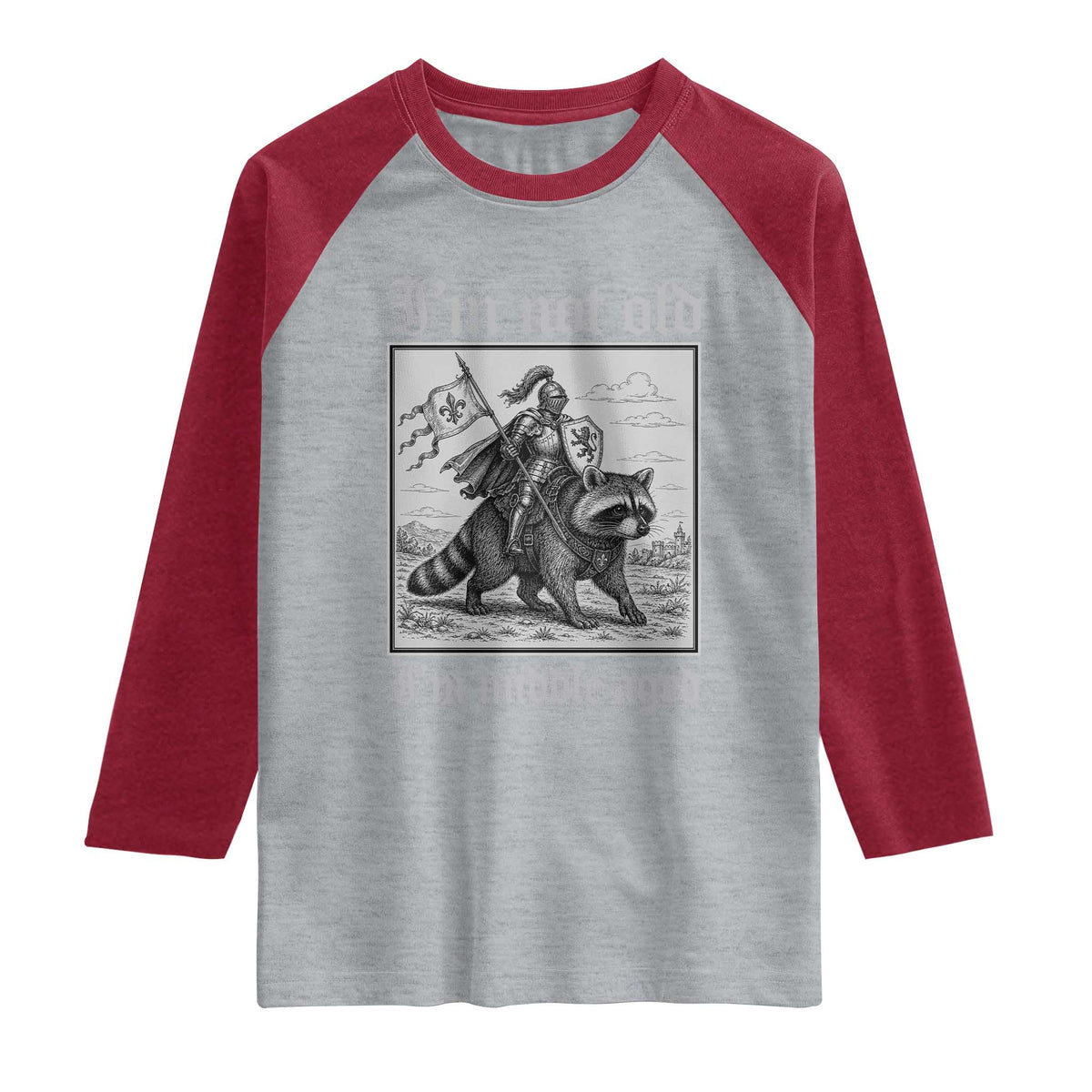 I Am Not Old I Am Middle Aged Raglan Shirt Medieval Knight Riding Raccoon Funny Ren Faire