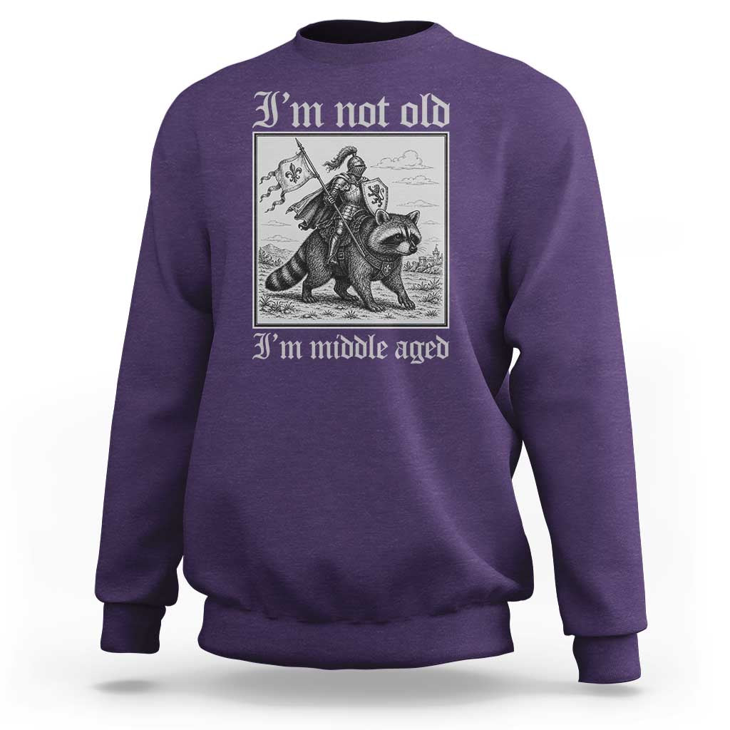 I Am Not Old I Am Middle Aged Sweatshirt Medieval Knight Riding Raccoon Funny Ren Faire