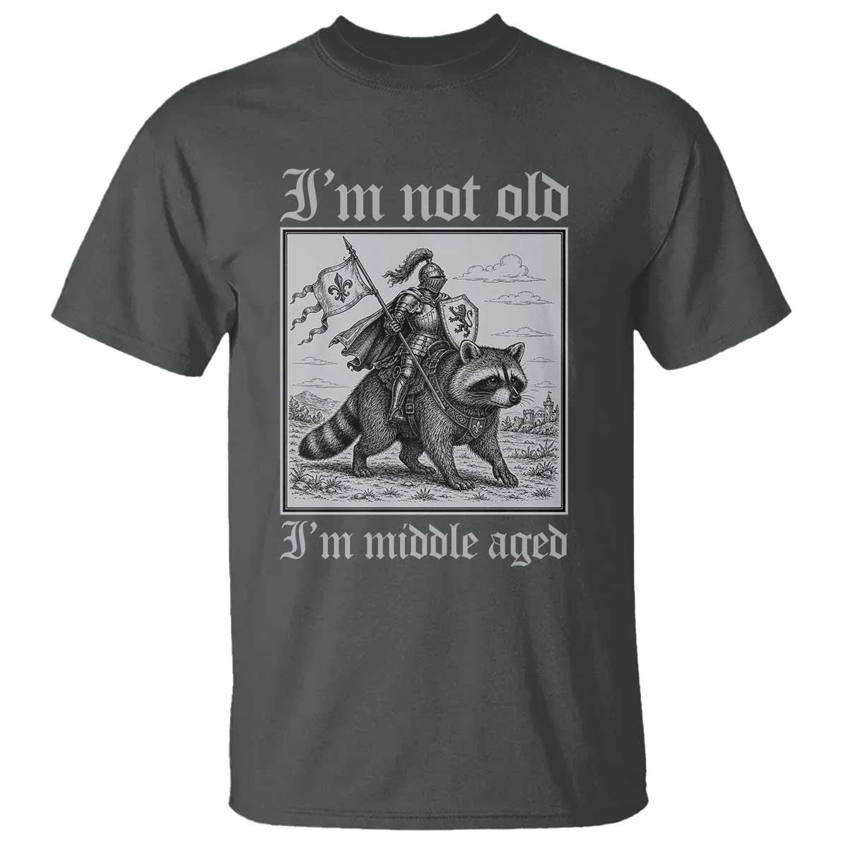 I Am Not Old I Am Middle Aged T Shirt Medieval Knight Riding Raccoon Funny Ren Faire