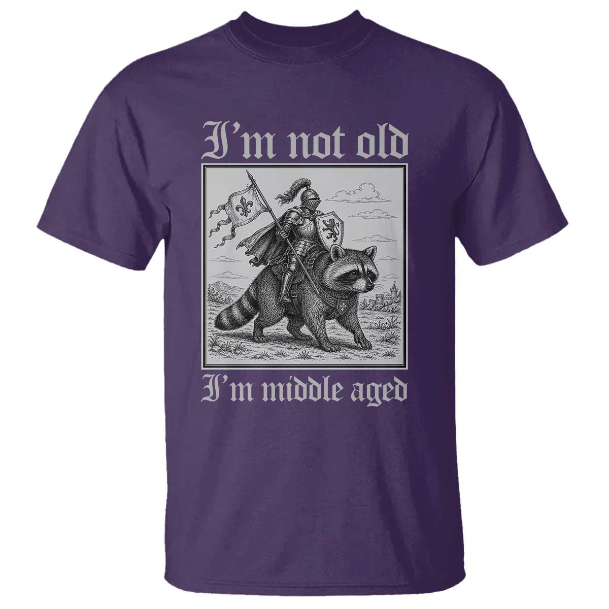 I Am Not Old I Am Middle Aged T Shirt Medieval Knight Riding Raccoon Funny Ren Faire