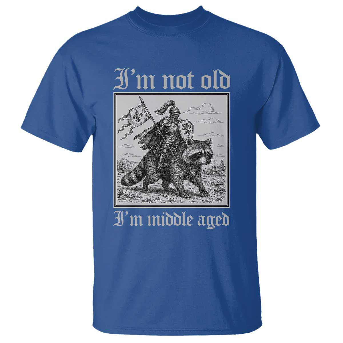 I Am Not Old I Am Middle Aged T Shirt Medieval Knight Riding Raccoon Funny Ren Faire
