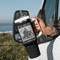 I Am Not Old I Am Middle Aged Tumbler With Handle Medieval Knight Riding Raccoon Funny Ren Faire