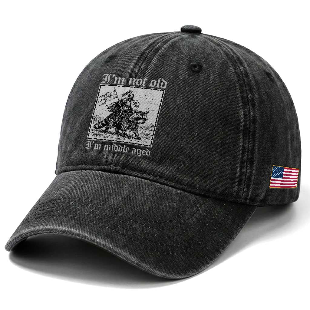 I Am Not Old I Am Middle Aged Washed Cotton Baseball Cap Medieval Knight Riding Raccoon Funny Ren Faire