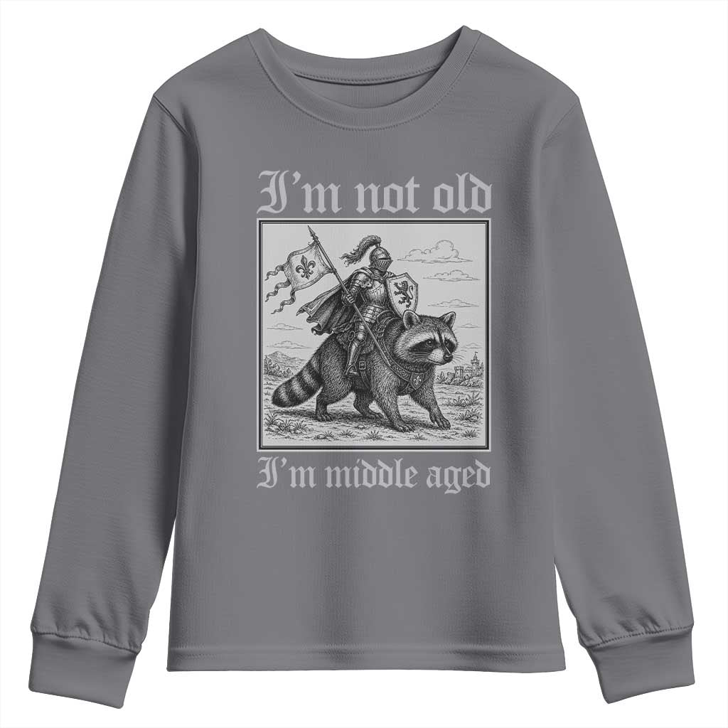 I Am Not Old I Am Middle Aged Youth Sweatshirt Medieval Knight Riding Raccoon Funny Ren Faire
