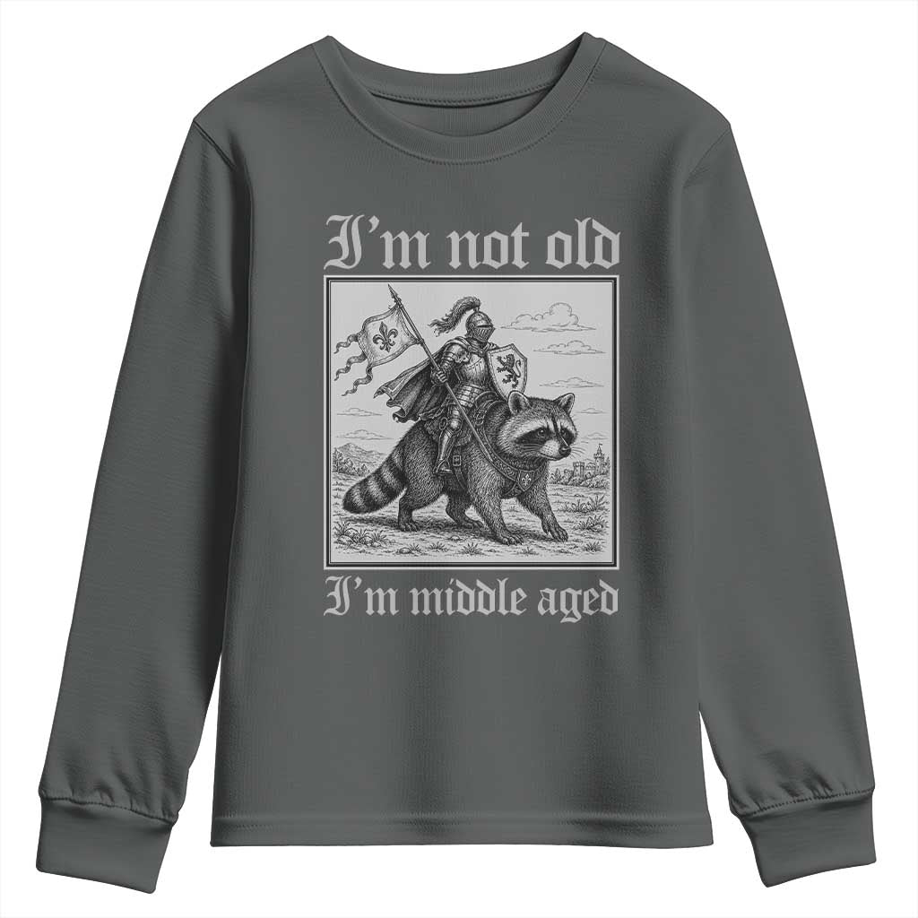 I Am Not Old I Am Middle Aged Youth Sweatshirt Medieval Knight Riding Raccoon Funny Ren Faire