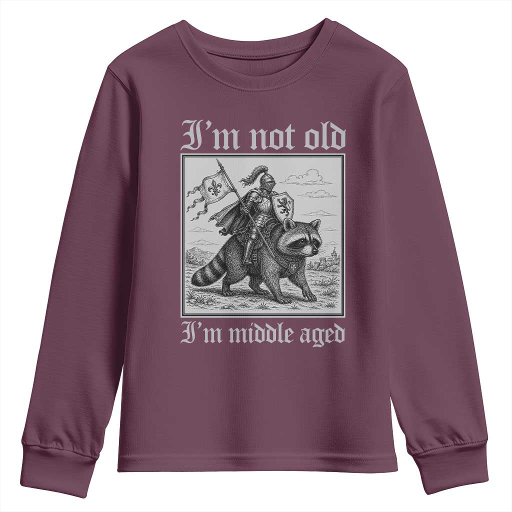 I Am Not Old I Am Middle Aged Youth Sweatshirt Medieval Knight Riding Raccoon Funny Ren Faire