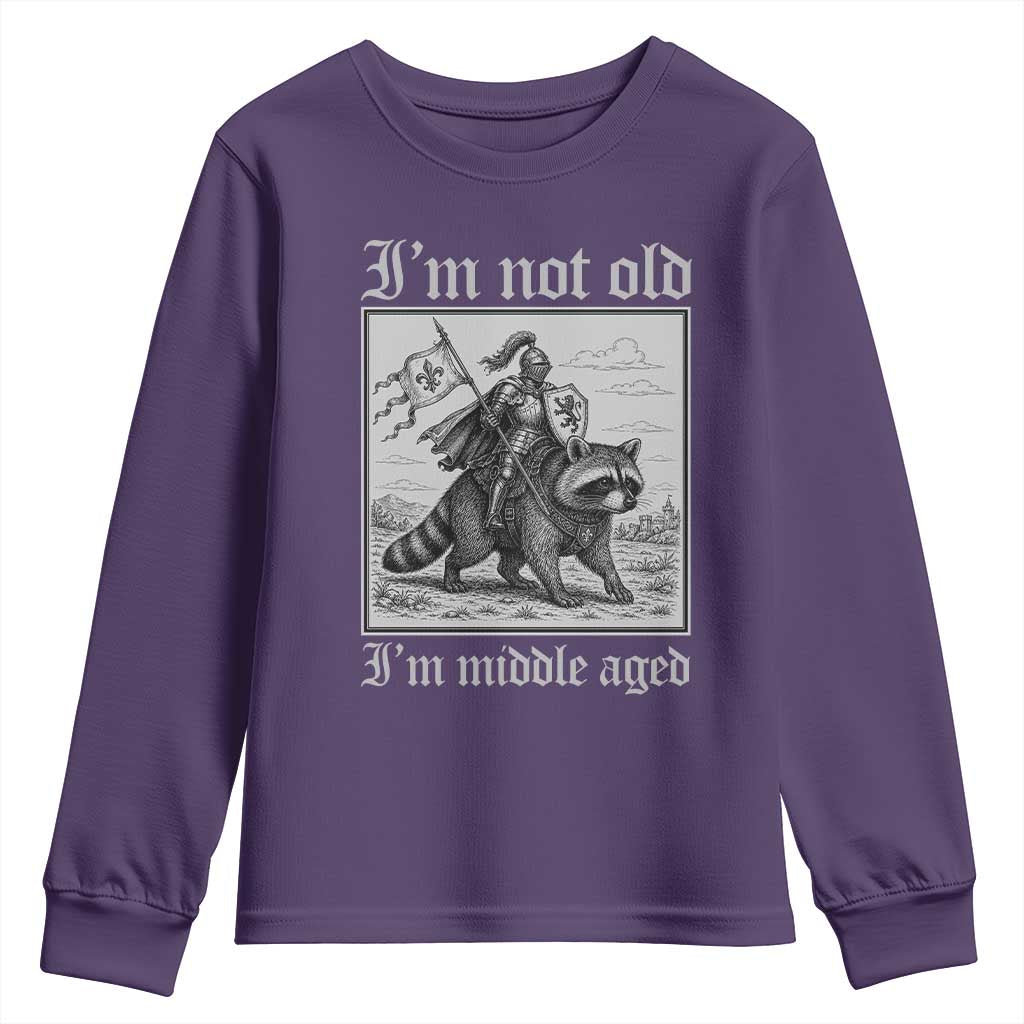I Am Not Old I Am Middle Aged Youth Sweatshirt Medieval Knight Riding Raccoon Funny Ren Faire