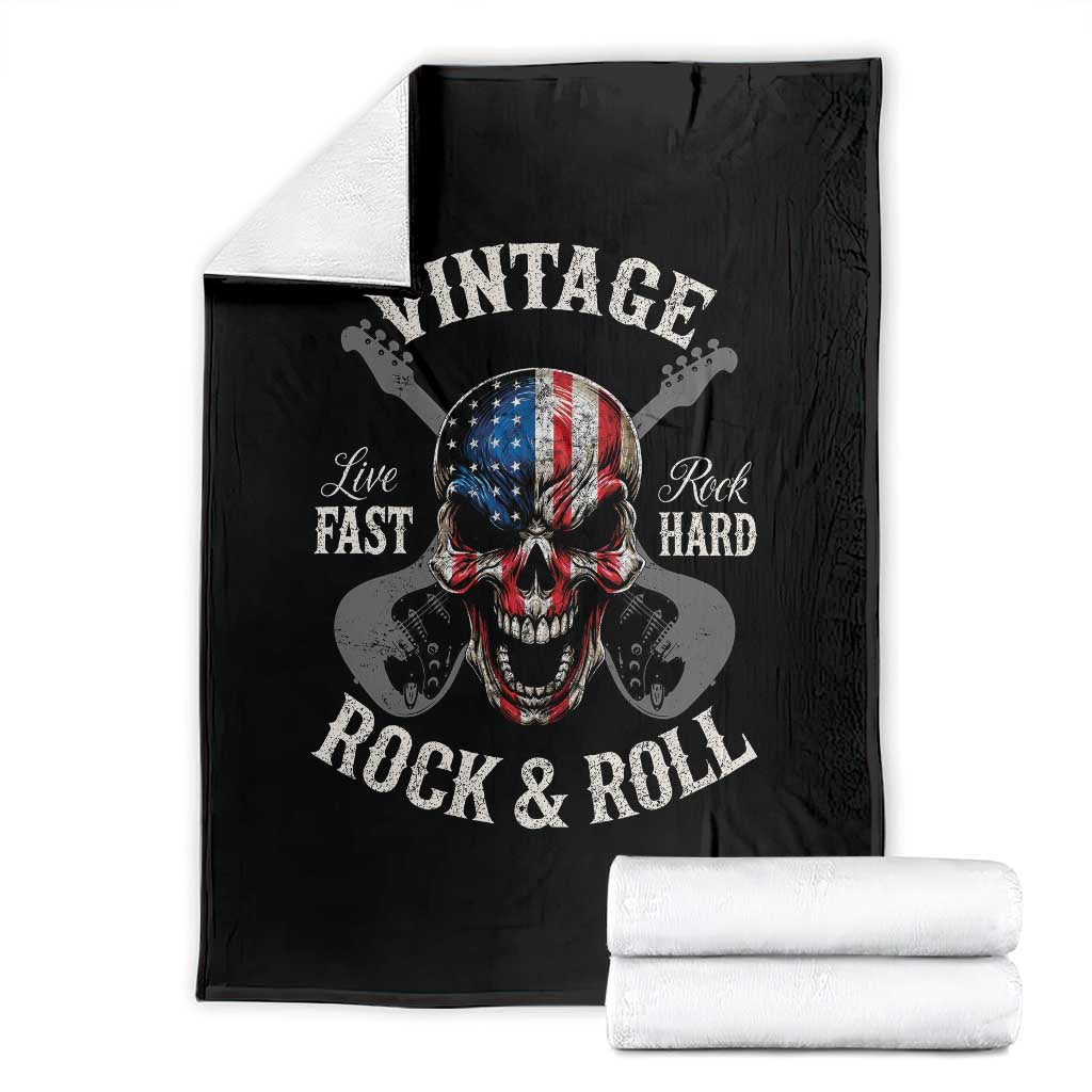 Vintage Rock and Roll Skull Guitar Rocker Throw Blanket Live Fast Rock Hard American Flag