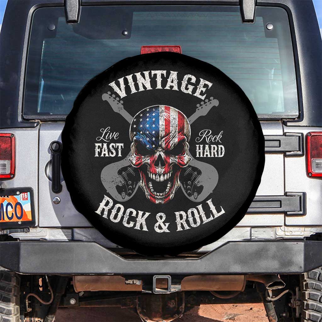 Vintage Rock and Roll Skull Guitar Rocker Spare Tire Cover Live Fast Rock Hard American Flag