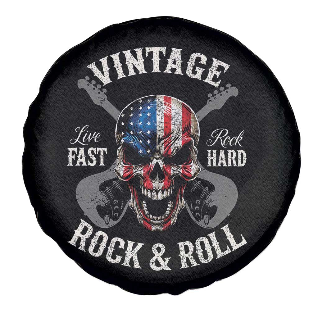 Vintage Rock and Roll Skull Guitar Rocker Spare Tire Cover Live Fast Rock Hard American Flag