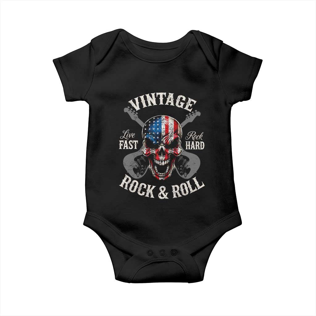 Vintage Rock and Roll Skull Guitar Rocker Baby Onesie Live Fast Rock Hard American Flag