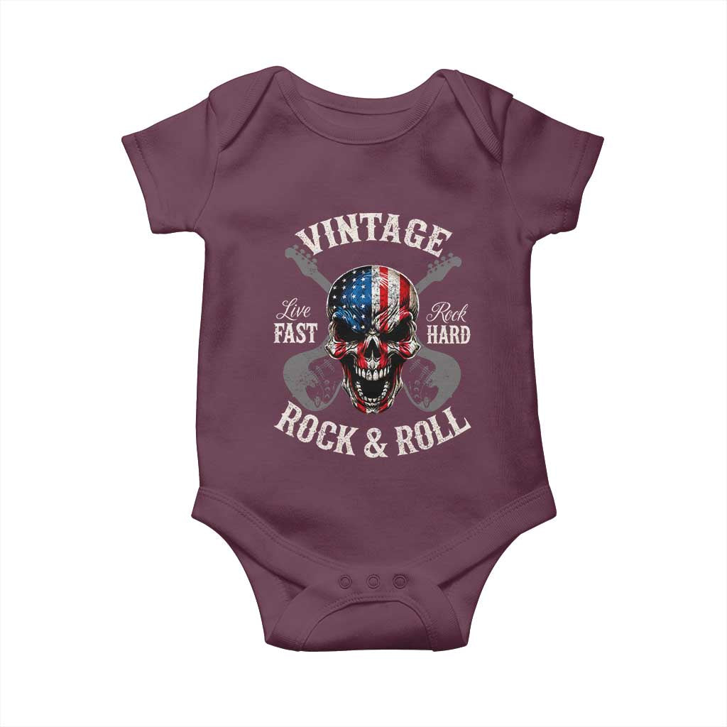 Vintage Rock and Roll Skull Guitar Rocker Baby Onesie Live Fast Rock Hard American Flag
