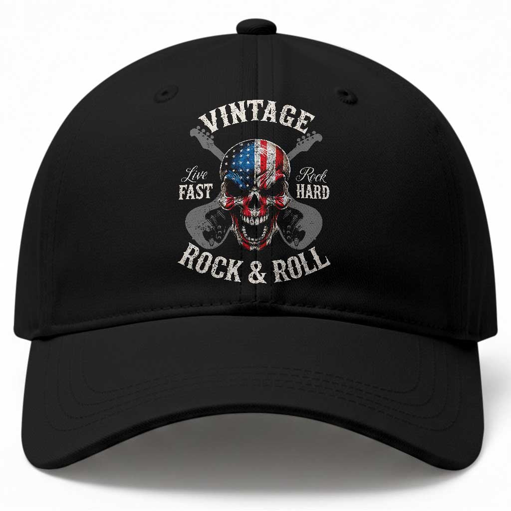 Vintage Rock and Roll Skull Guitar Rocker Baseball Cap Live Fast Rock Hard American Flag