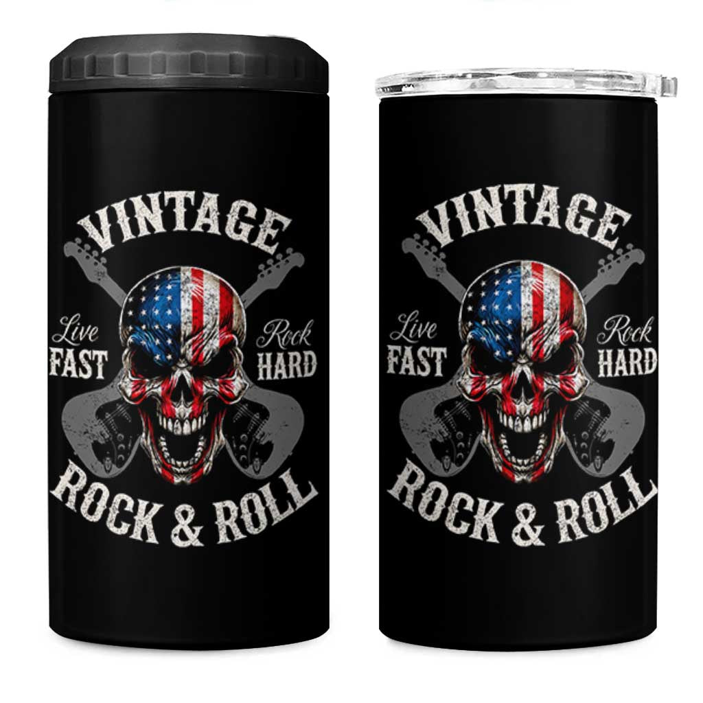 Vintage Rock and Roll Skull Guitar Rocker 4 in 1 Can Cooler Tumbler Live Fast Rock Hard American Flag