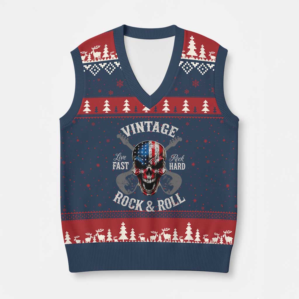 Vintage Rock and Roll Skull Guitar Rocker V-Neck Knit Sweater Vest Live Fast Rock Hard American Flag